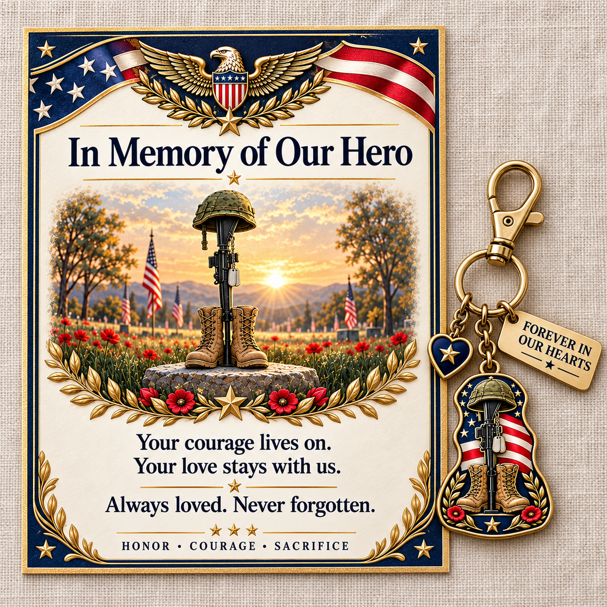 🇺🇸 "In Memory of Our Hero" Memorial Keychain & Keepsake Card Set | Military Remembrance Gift