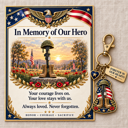 🇺🇸 "In Memory of Our Hero" Memorial Keychain & Keepsake Card Set | Military Remembrance Gift