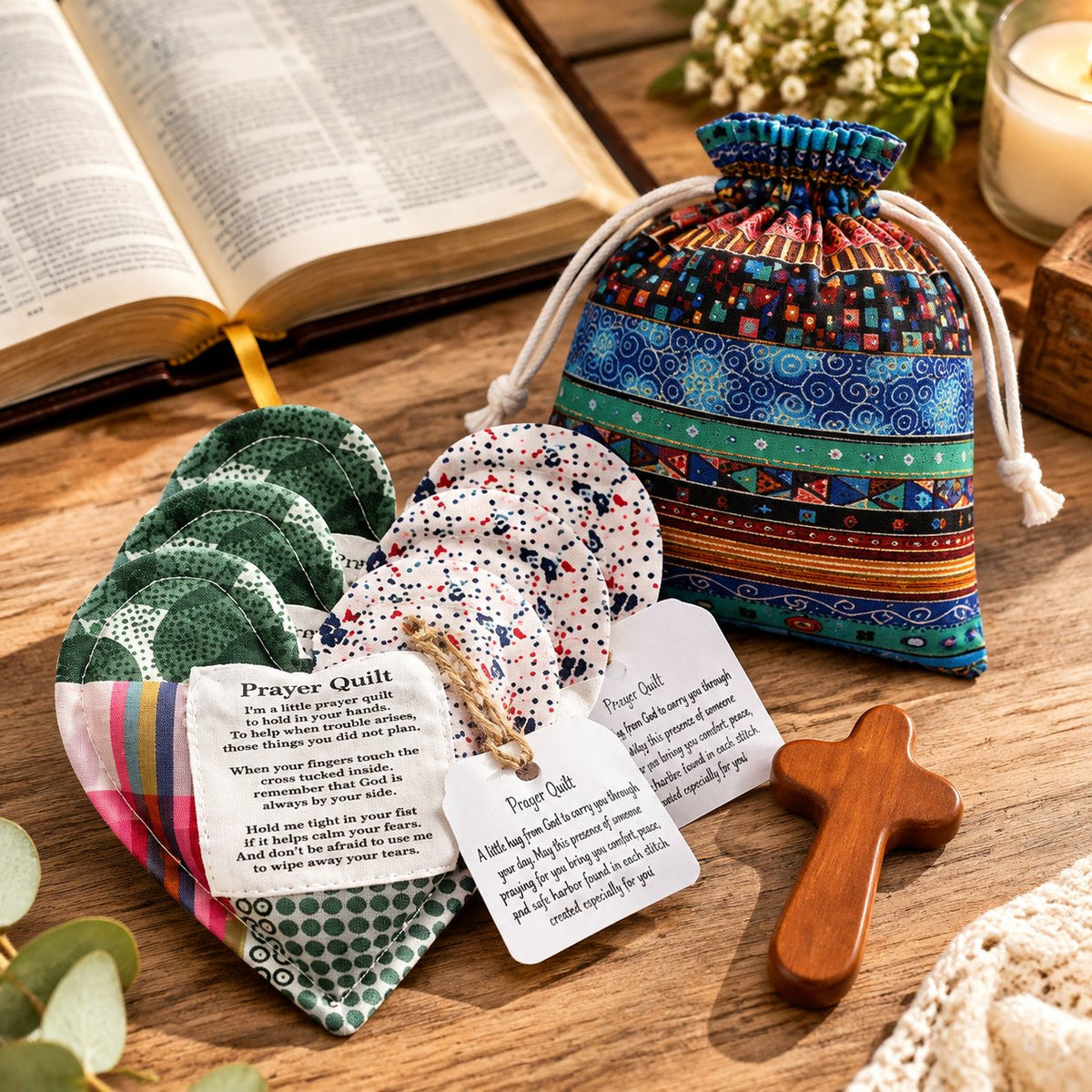 Pocket Prayer Quilt Set | Mini Handmade Prayer Blankets with Cross & Drawstring Bag Christian Gifts ✝️