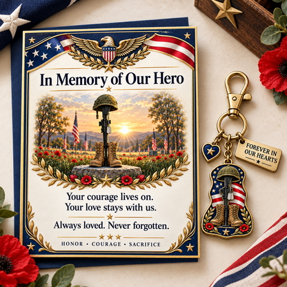 🇺🇸 "In Memory of Our Hero" Memorial Keychain & Keepsake Card Set | Military Remembrance Gift