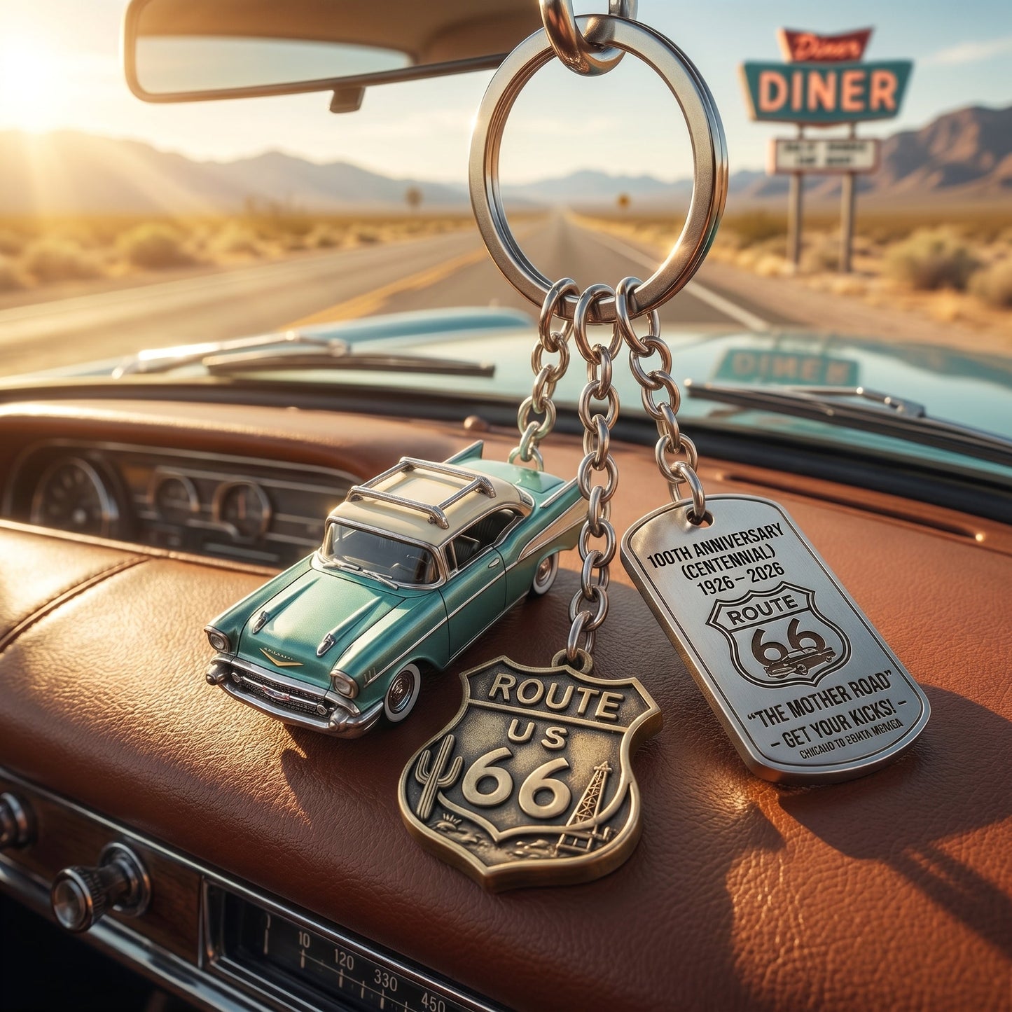 🚗Route 66 100th Anniversary Keychain- Vintage Classic Car Centennial Collectible Keepsake