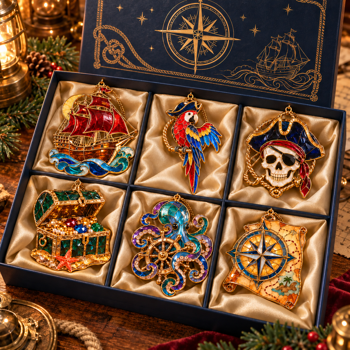 🔥Hot Sale🔥 - Pirate Adventures – Vintage Stained Glass-Style Christmas Ornaments, Set of 6