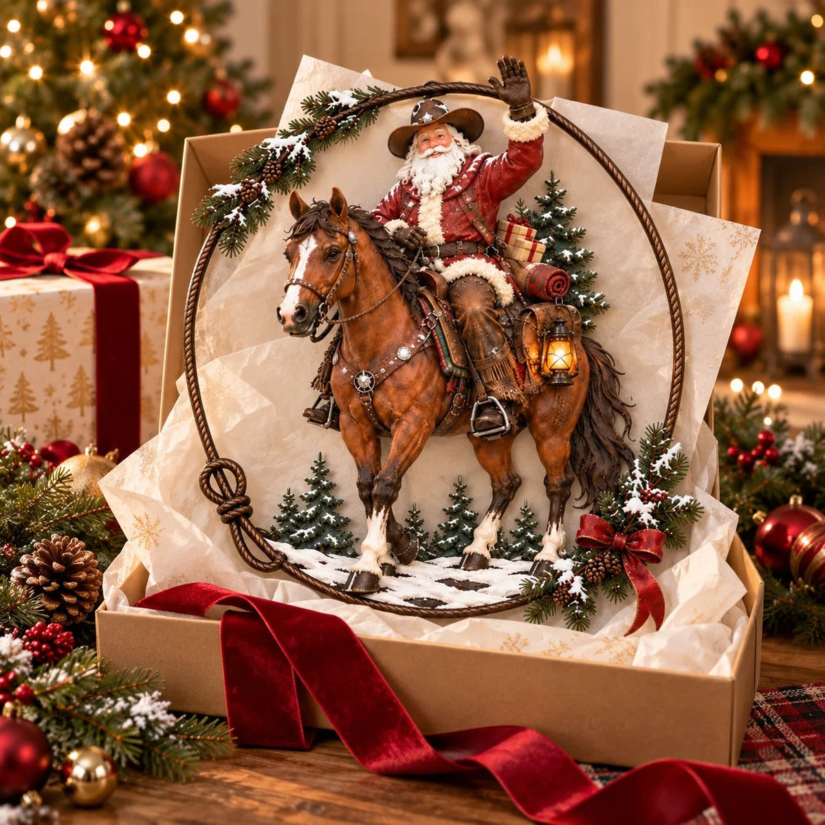 🔥Hot Sale🔥 - 🤠🐎 Cowboy Santa Ranch Christmas Wall Art – Rustic Horse & Lasso Holiday Accent