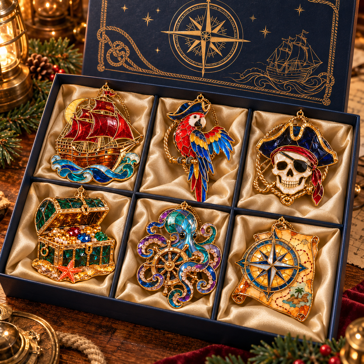 🔥Hot Sale🔥 - Pirate Adventures – Vintage Stained Glass-Style Christmas Ornaments, Set of 6