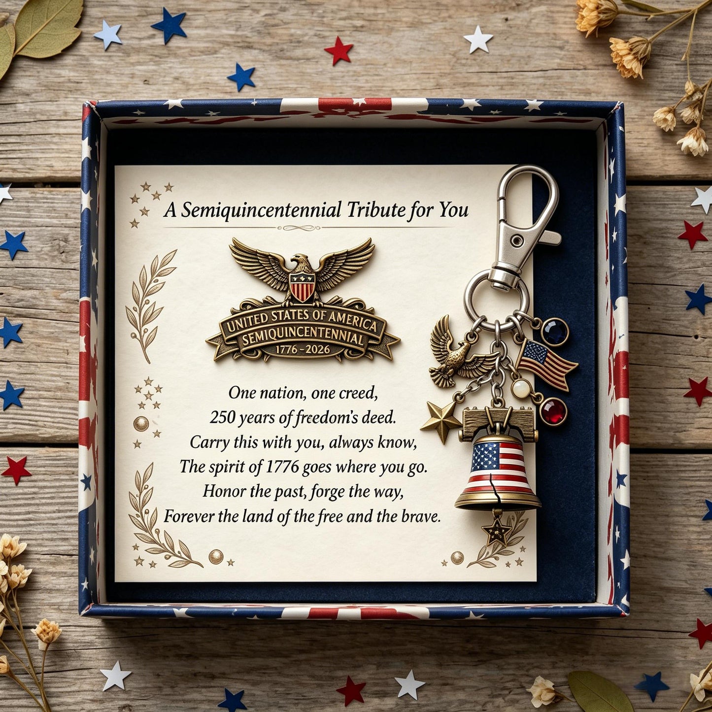 🇺🇸 Semiquincentennial Tribute Set: Card + Lapel Pin + Keychain
