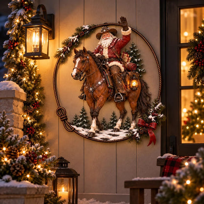 🔥Hot Sale🔥 - 🤠🐎 Cowboy Santa Ranch Christmas Wall Art – Rustic Horse & Lasso Holiday Accent