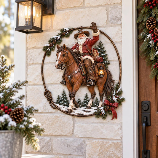 🔥Hot Sale🔥 - 🤠🐎 Cowboy Santa Ranch Christmas Wall Art – Rustic Horse & Lasso Holiday Accent