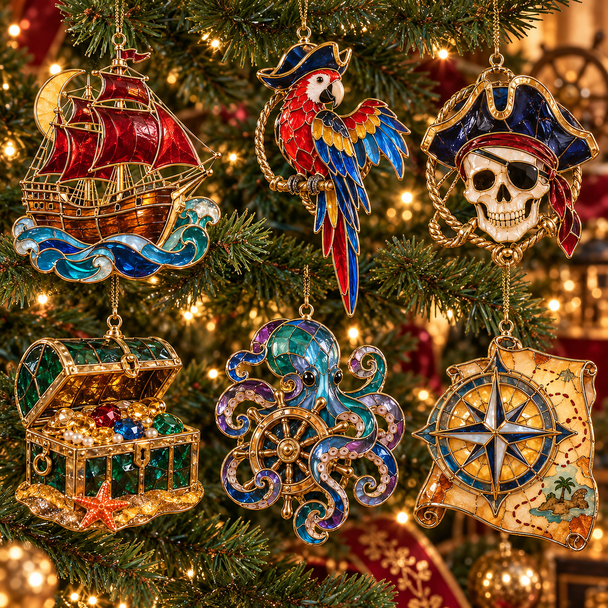 🔥Hot Sale🔥 - Pirate Adventures – Vintage Stained Glass-Style Christmas Ornaments, Set of 6