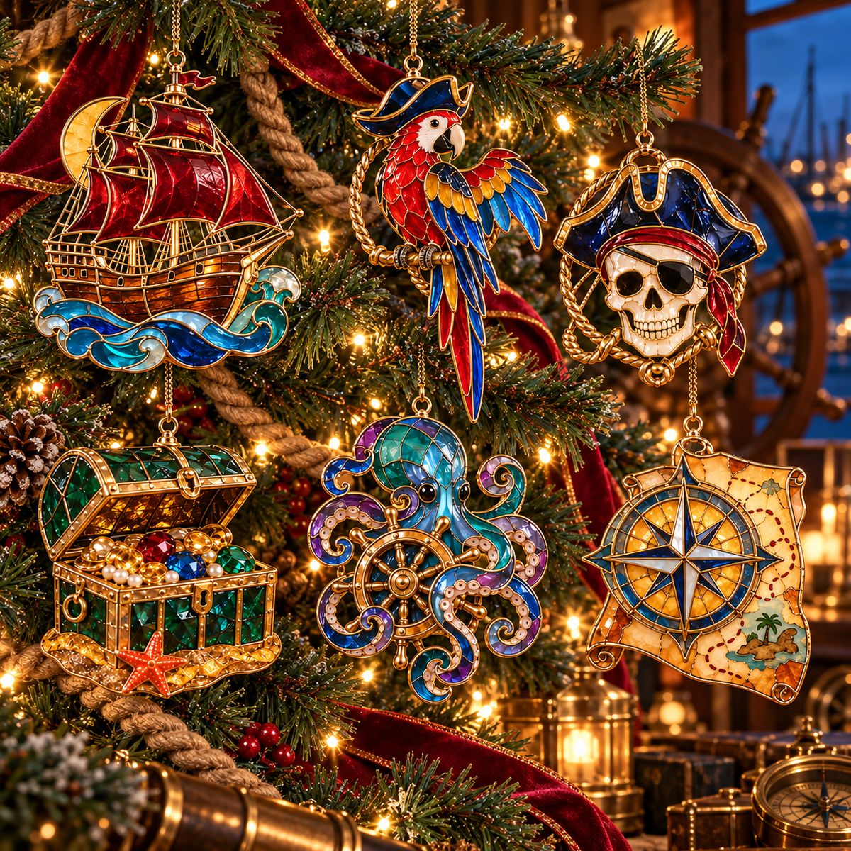 🔥Hot Sale🔥 - Pirate Adventures – Vintage Stained Glass-Style Christmas Ornaments, Set of 6