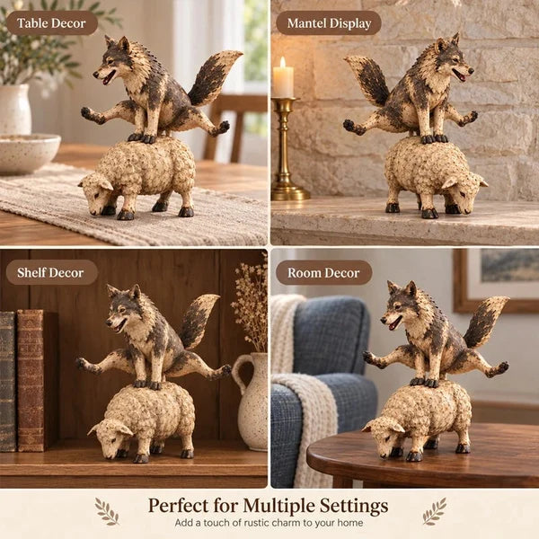 Rustic Woodland Figurine – Wolf and Sheep Decorative Sculpture