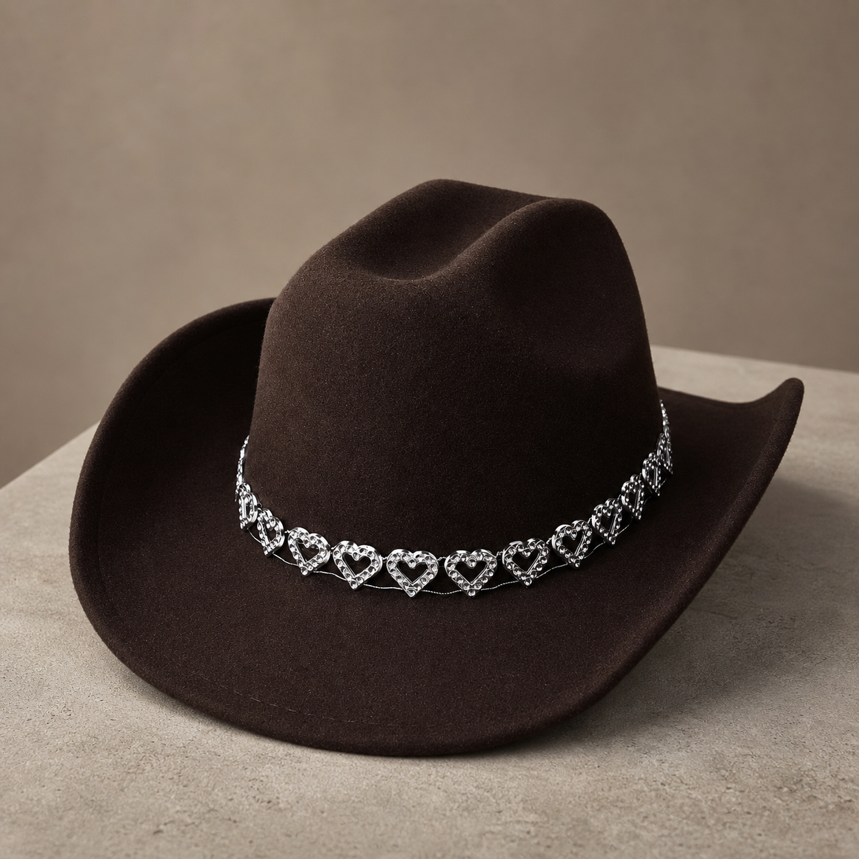 Women's Classic Wide Brim Western Cowboy Hat with Heart Chain